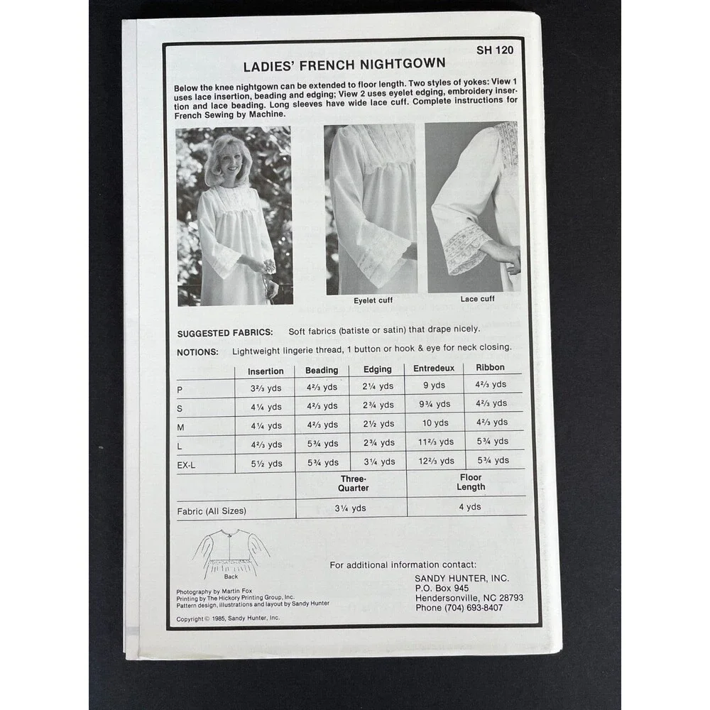 SANDY HUNTER LADIES FRENCH NIGHTGOWN PATTERN/INSTRUCTIONS SH120 SIZE P-EX-L 1985